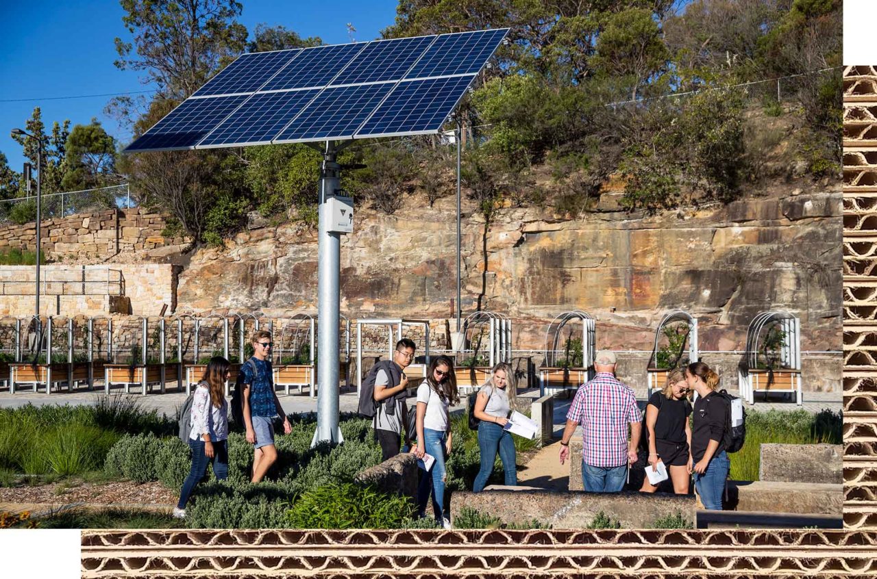 A group of students at a farm with solar panels.