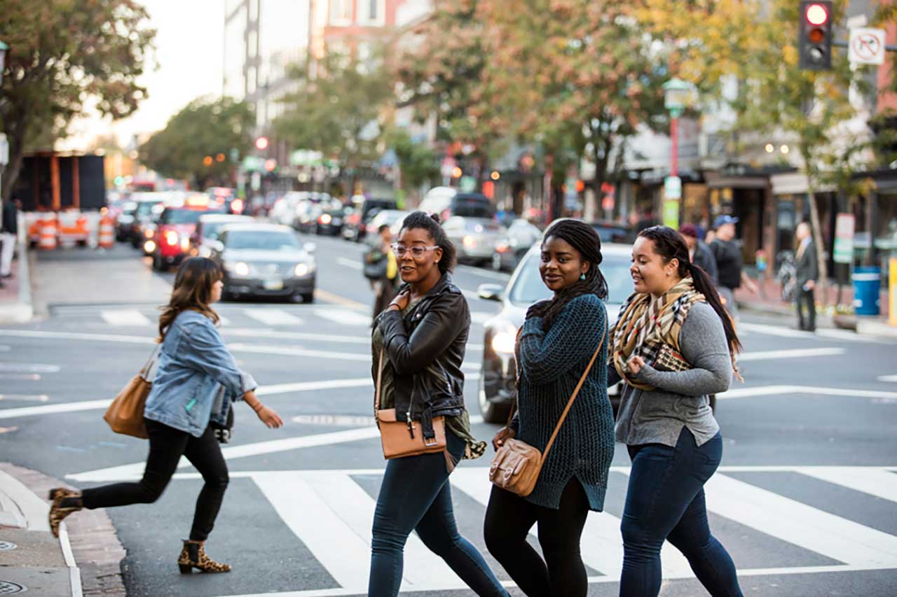 Students crossing the street in Washington, DC.