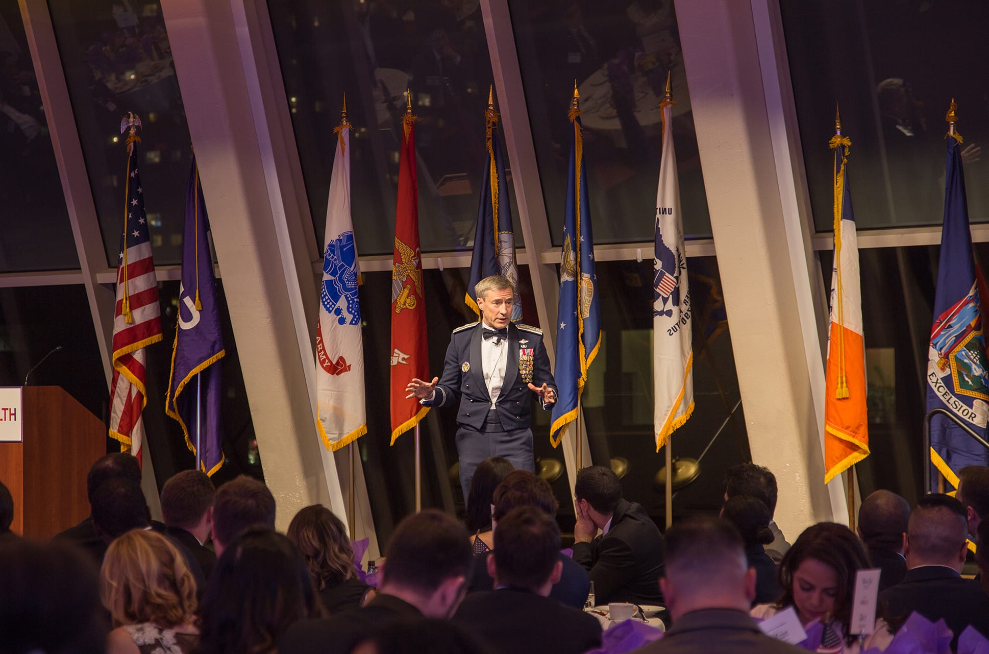 A uniformed officer speaking at the NYU Veterans Ball.