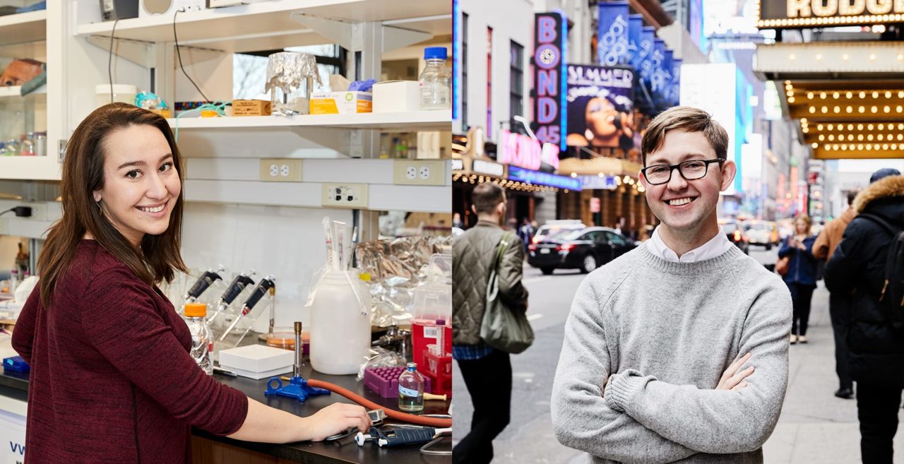 A FEMALE STUDENT SITTING AT A LAB DESK AND A MALE STUDENT STANDING IN TIMES SQUARE