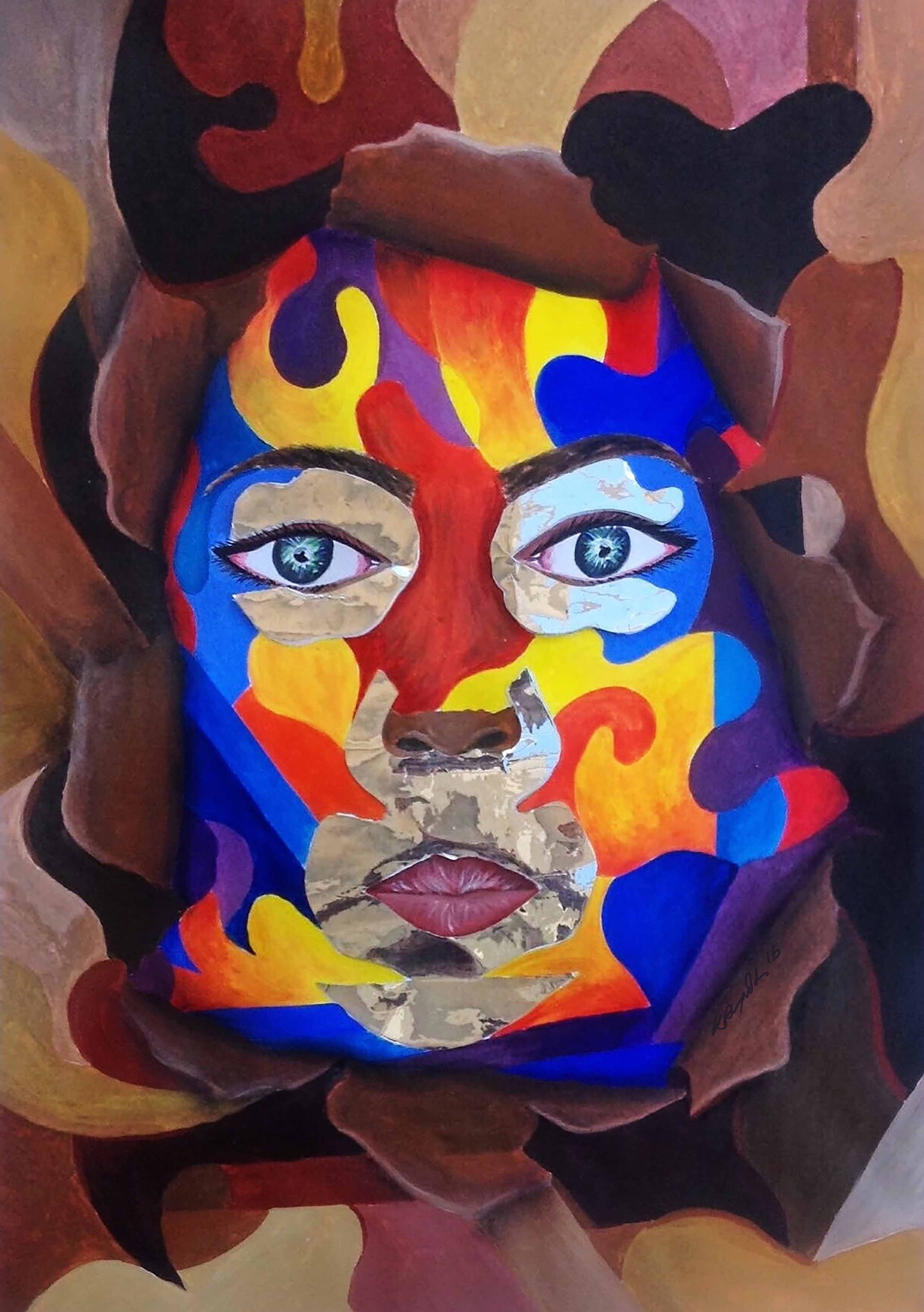 A face painted in bright colors with metallic accents appears in the center of the canvas