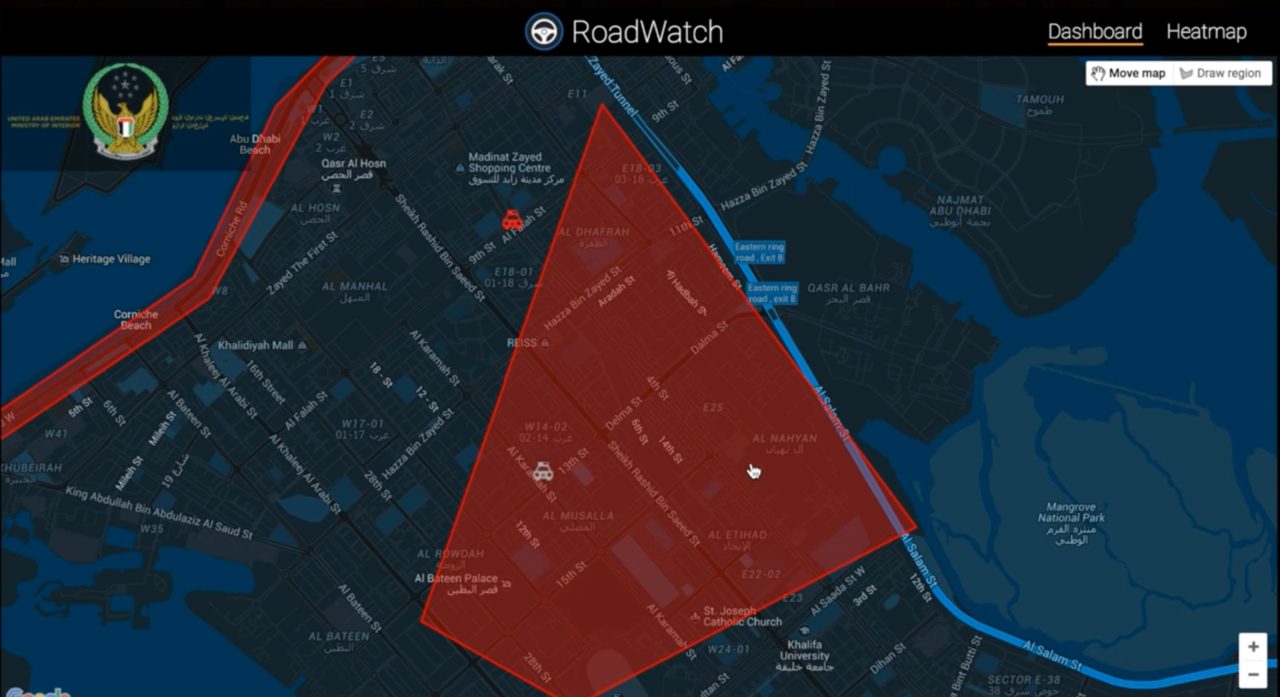 RoadWatch screenshot showing an area called out on a map