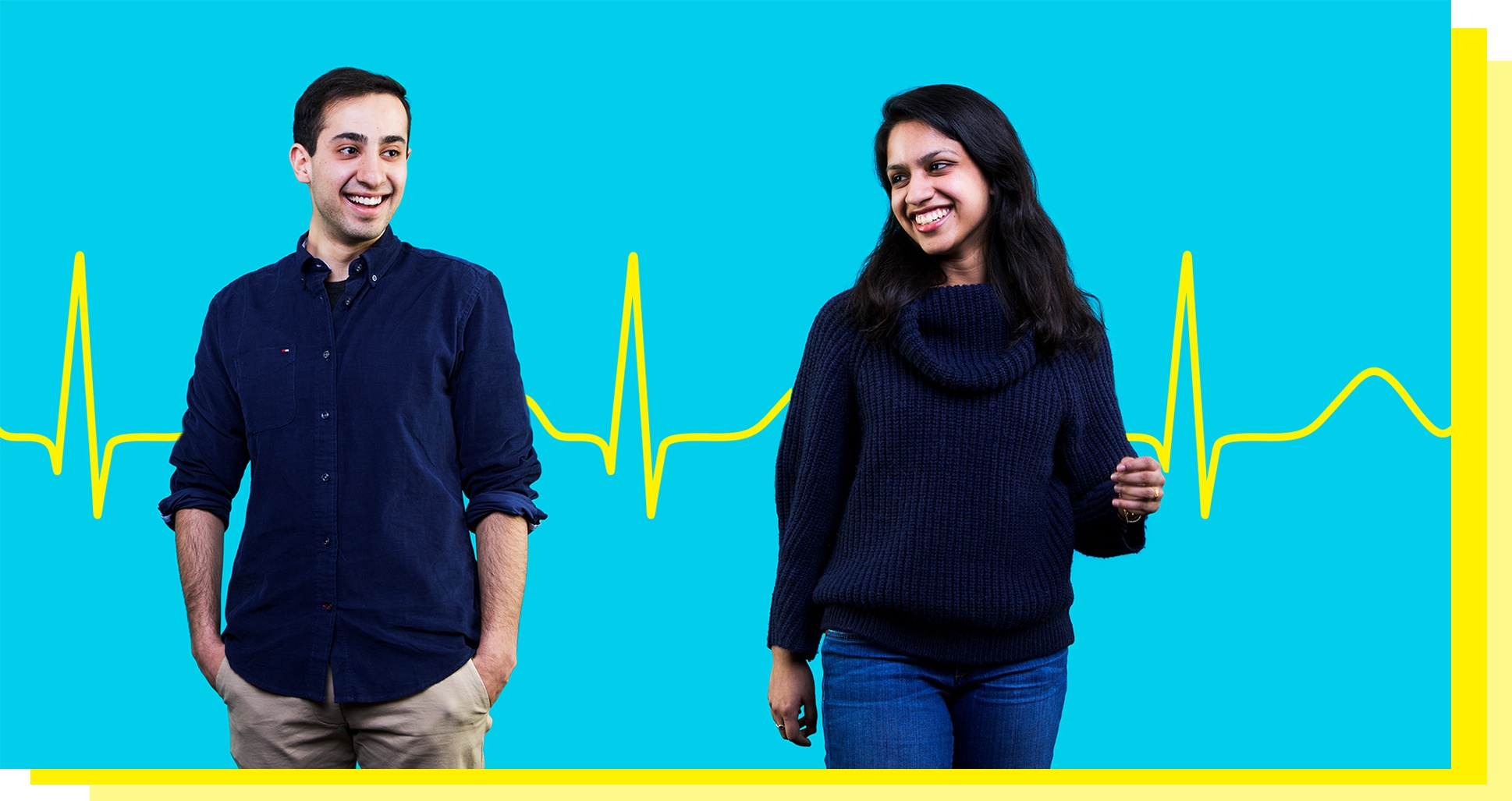 Saranya Ramadurai and Semran Thamer in front of a illustrated heartbeat.