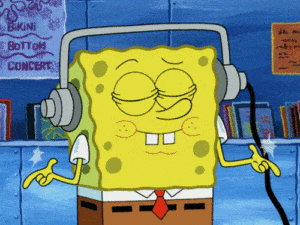 A photo of SpongeBob SquarePants with headphones