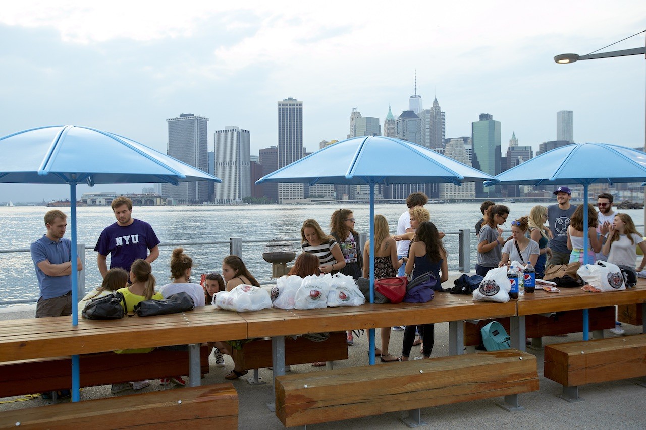 [Students barbecue while taking in the views of lower Manhattan from Brooklyn Bridge Park.]