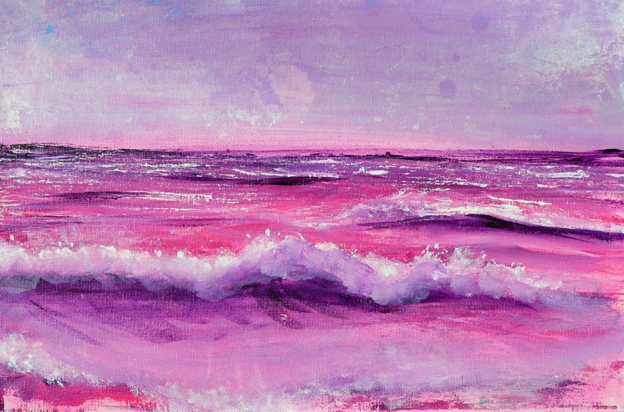 [Matias' piece shows crashing ocean waves in a pink and purple hue.]