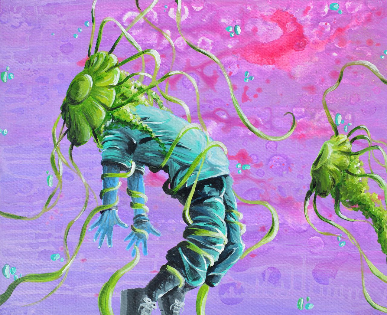 [Artwork by Matias features a floating human-like being wrapped in smooth green tentavles coming from what look like underwater creatures, against a fluid pink and purple backdrop.]