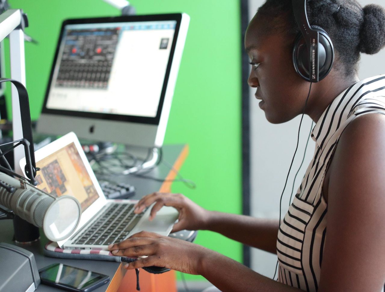 Imani Johnson, a journalism major, at her internship at a radio station in Accra, Ghana.