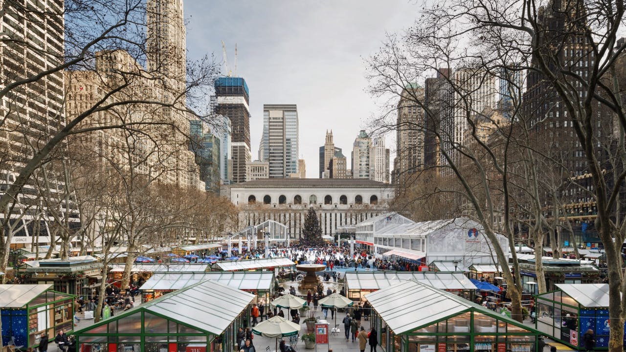 An aerial view of the Bryant Park Winter Village.