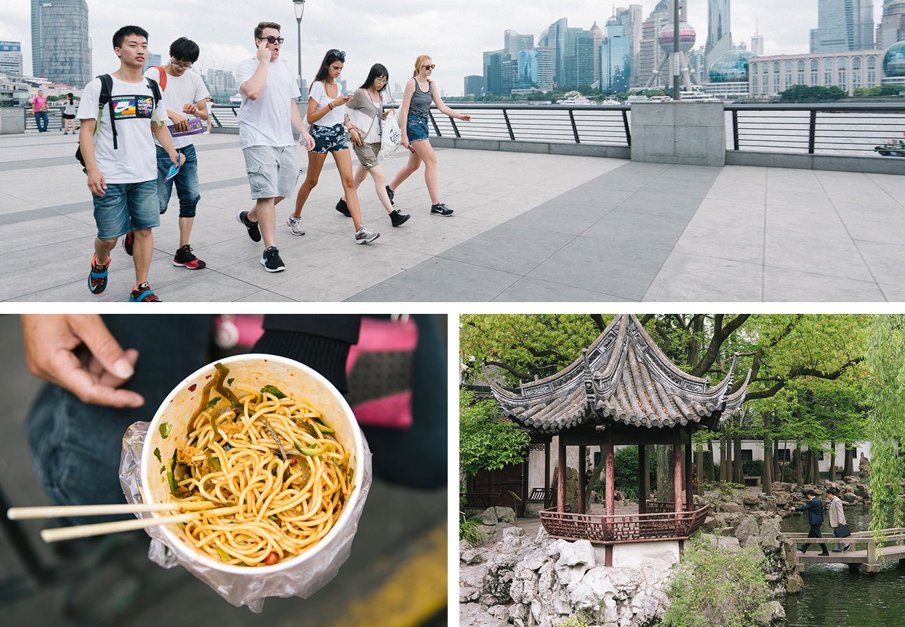 A collage of Shanghai moments. Image one: A group of students walking near the river with the city skyline in the background. Image two: A close-up of a bowl of noodles. Image three: A gazebo surrounded by trees near a body of water.