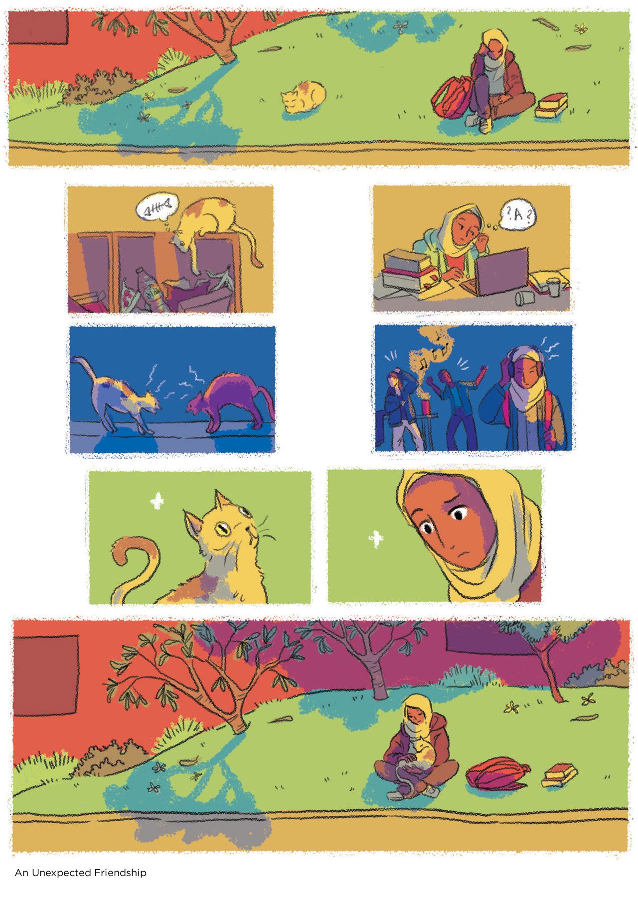 A comic drawn by student artist Shenuka Corea. Panel one: A female NYU Abu Dhabi student wearing a head scarf sits on the grass surrounded by her books and backpack. A cat sits nearby. Panel two: The cat remembers fishing through dumpsters looking for food. Panel three: The student remembers studying and feeling stressed out. Panel four: The cat remembers getting into a fight with another cat. Panel five: The student remembers people partying in her dorm and making it hard for her to focus. Panel five: The cat sees the girl. Panel six: The girl sees the cat. Panel seven: The cat sits in the girl's lap as she sits on the grass. They both feel much less stressed out.