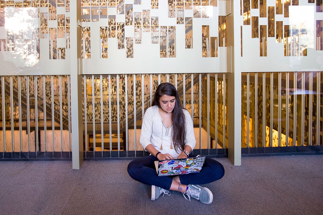 A student sitting on the ground working on their laptop.