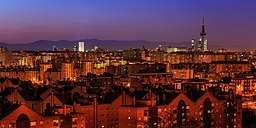 Evening skyline of Madrid, Spain.