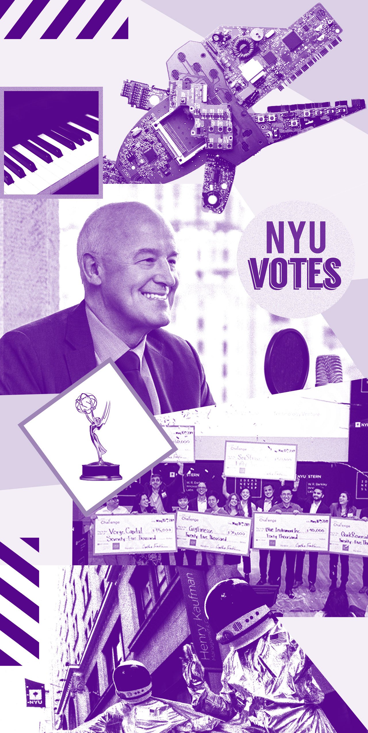 A collage of the NYU Monthly Roundup. Image one: A close-up of piano keys. Image two: A fish made out of computer hardware parts. Image three: President Andy Hamilton smiling in front of a microphone. Image four: NYU votes logo. Image five: an Emmy award. Image six: A group of students holding large checks reflecting the award they won. Image seven: Two people in astronaut Halloween costumes.