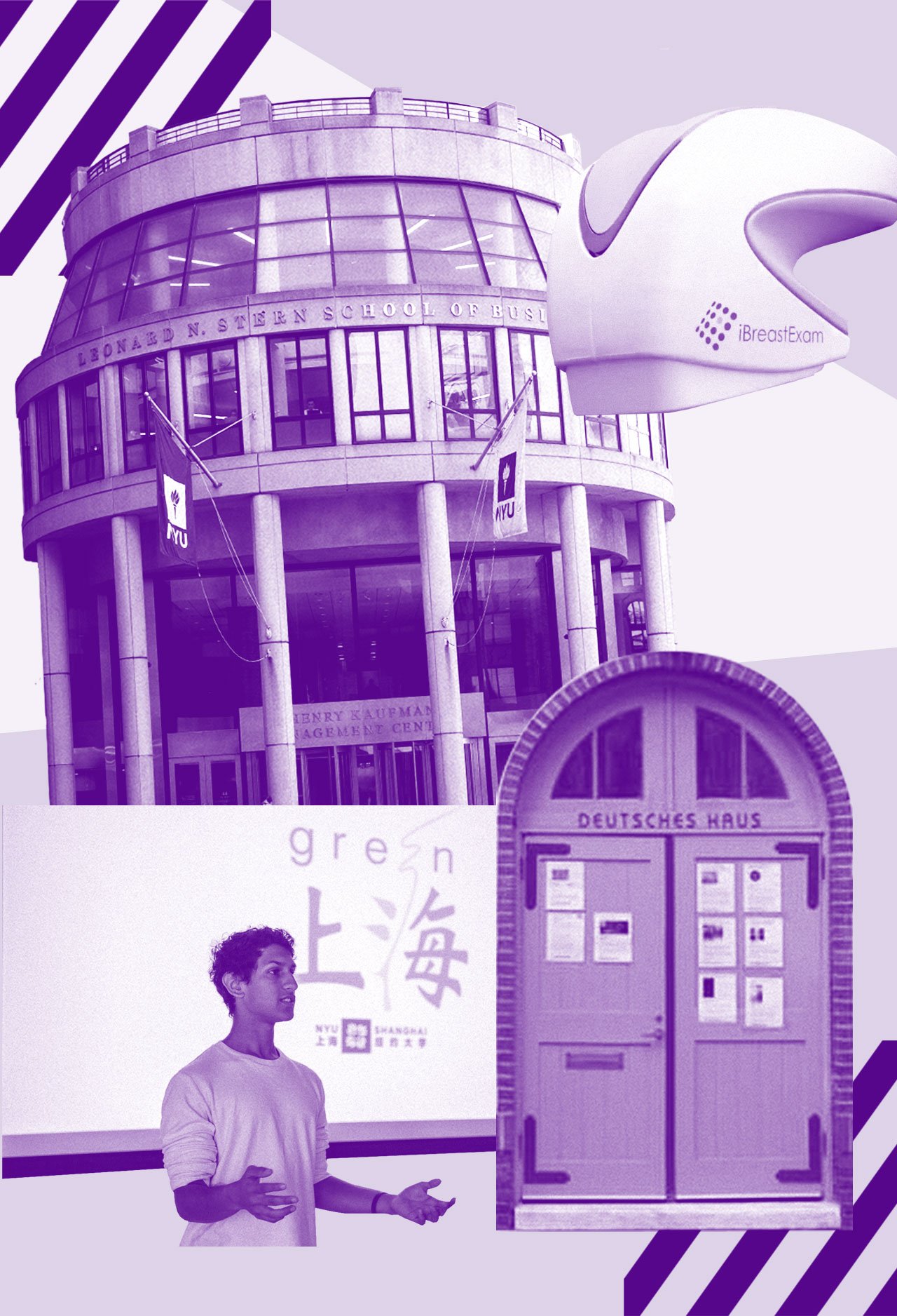 Monthly Roundup collage depicting various events going on around campus. Image one: the entrance of the Stern School of Business. Image two: the IBreastExam device created by engineering professor Matthew Campisi. Image three: the front door of the Deutsches Haus. Image four: a student who is part of Re-Makerspace giving a presentation.