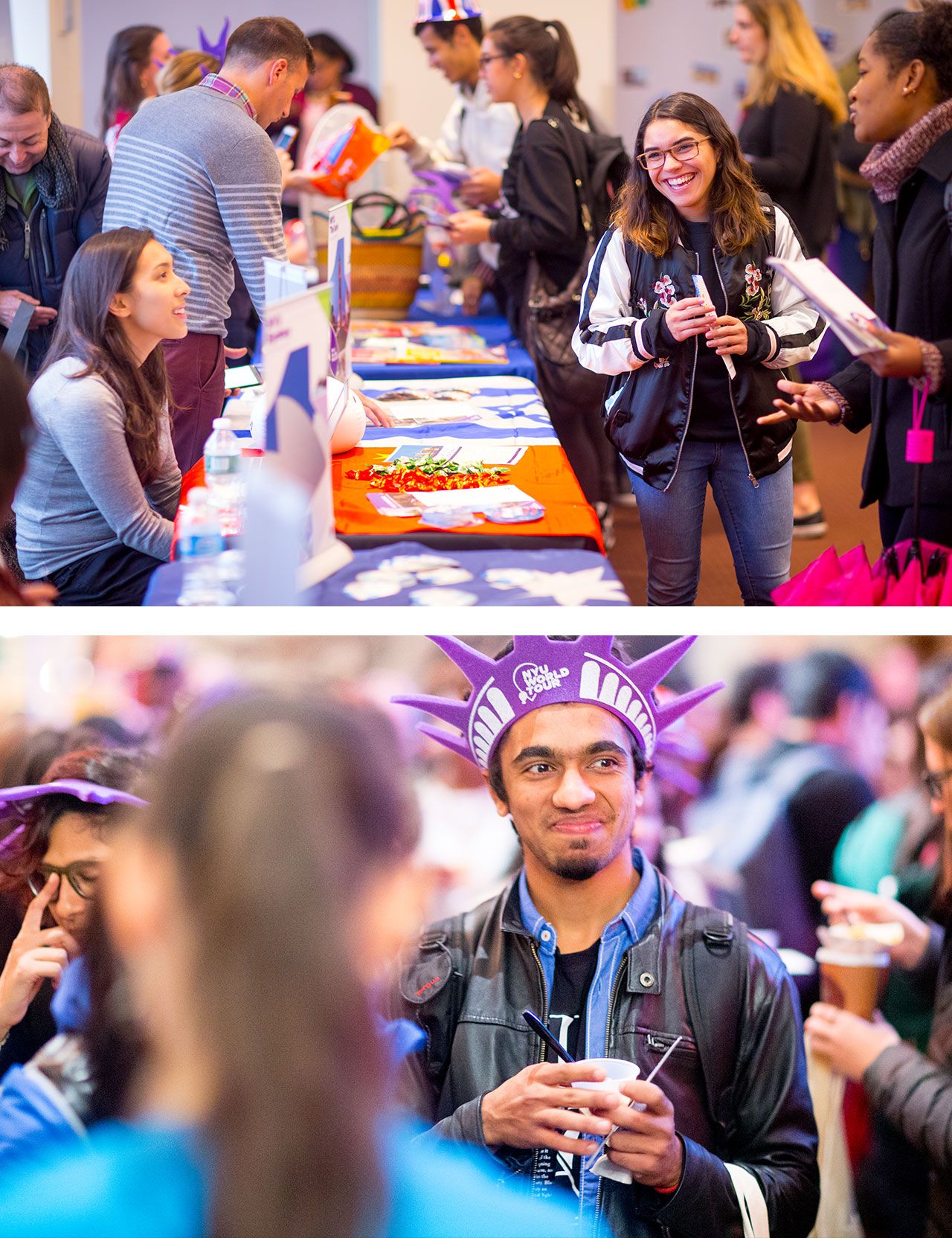 Image one: a student speaking with a vendor at World Tour. Image two: a student standing in a crowd, wearing a Statue of Liberty hat, and smiling.