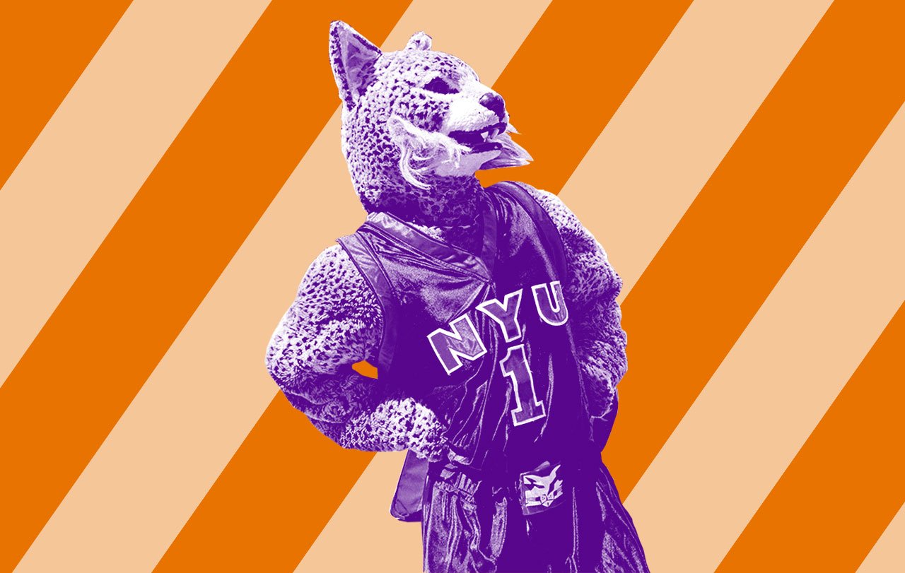 NYU’s mascot, the Bobcat, posing with their hands on their hips.