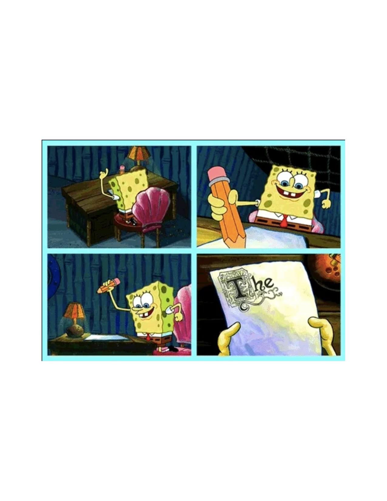 Spongebob Squarepants sitting at a desk preparing to write.
