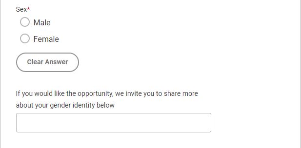 The Common Application section that prompts the applicant to select “male” or “female” sex. There is also room to answer this prompt: “If you would like the opportunity, we invite you to share more about your gender identity below.”