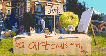 A GIF of a green monster from “Monsters University” dumping purple paint on its head while another monster plays a bongo drum. The monsters next to an art easel and a sign that reads, “Art.” They’re behind a table that reads, “Join us! Art Club. Sign up new.”