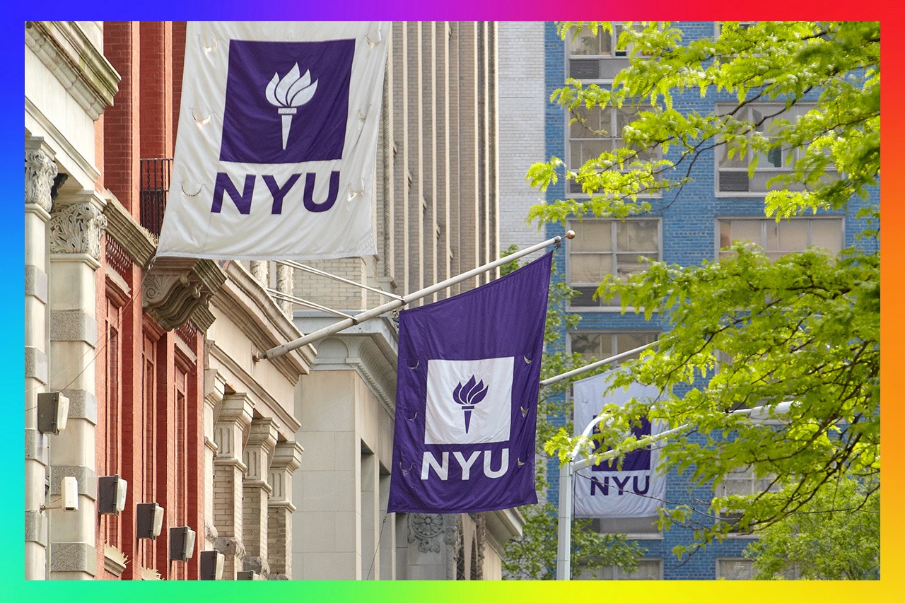 NYU flags hanging from buildings.
