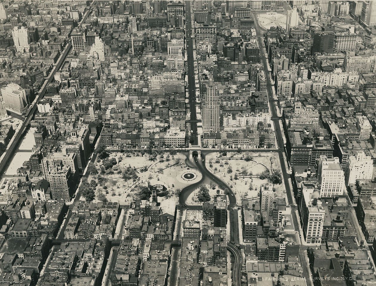 A throwback of an aerial view of Washington Square Park and its surrounding streets.