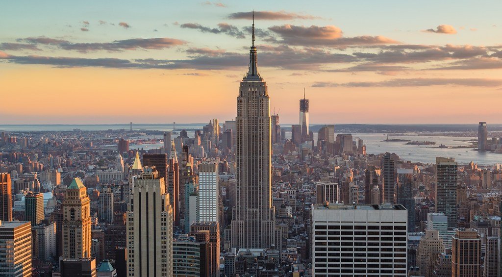 The New York City skyline at sunset