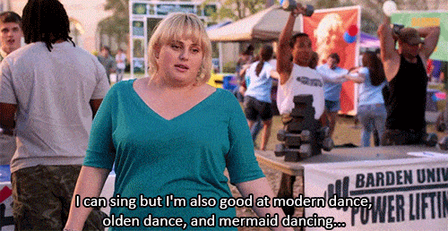 Scene from Pitch Perfect - Rebel WIlson's character, Fat Amy, lists a few of her talents during a club fair.