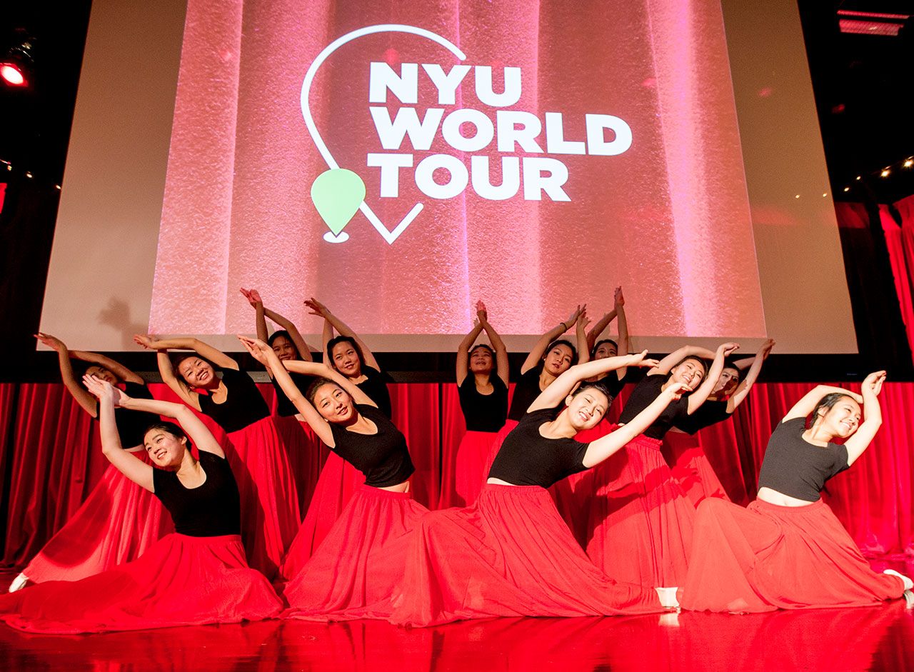 Students performing a dance routine at NYU’s World Tour event.
