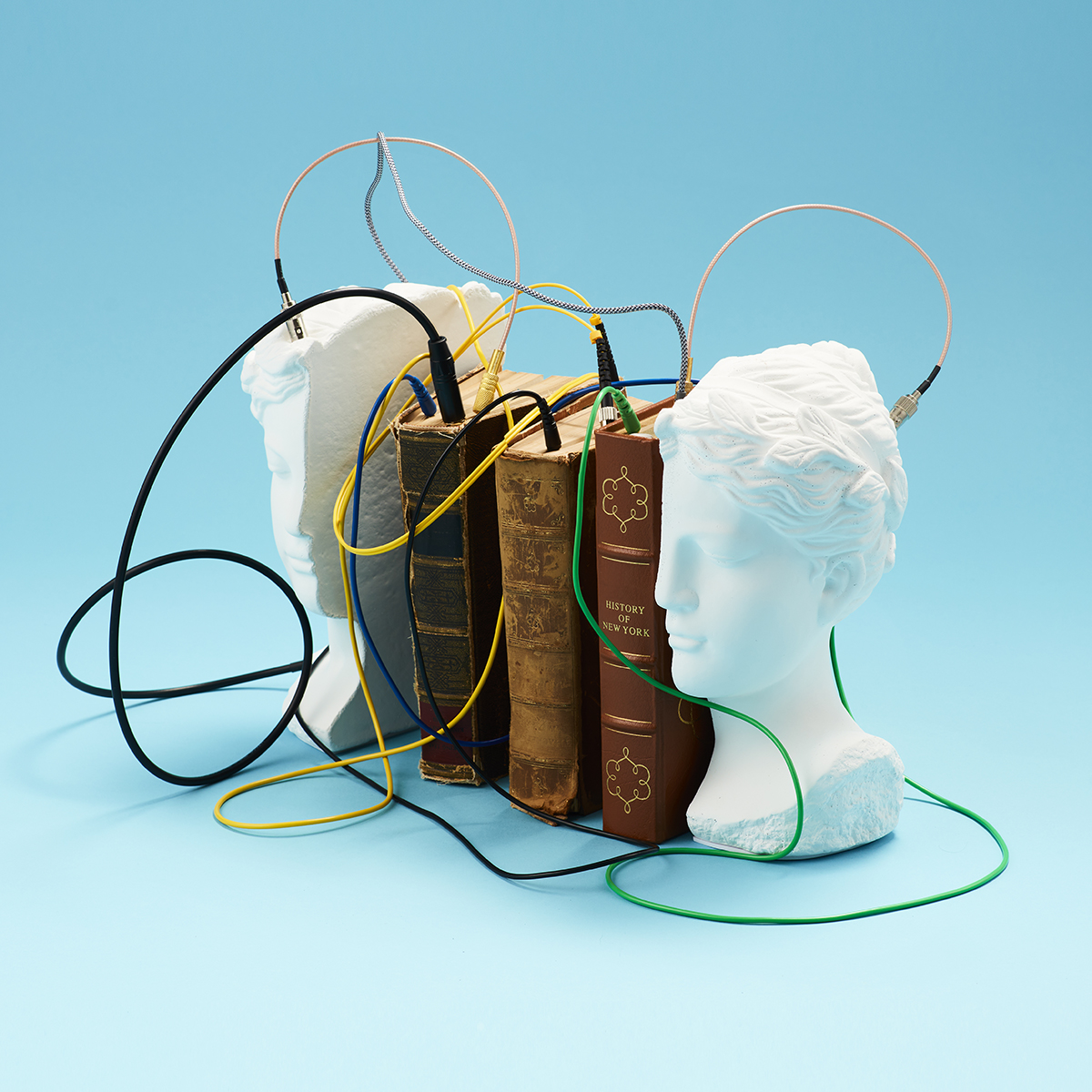 Still life of marble bust split in half bookending old books with wires sticking out of the pages.