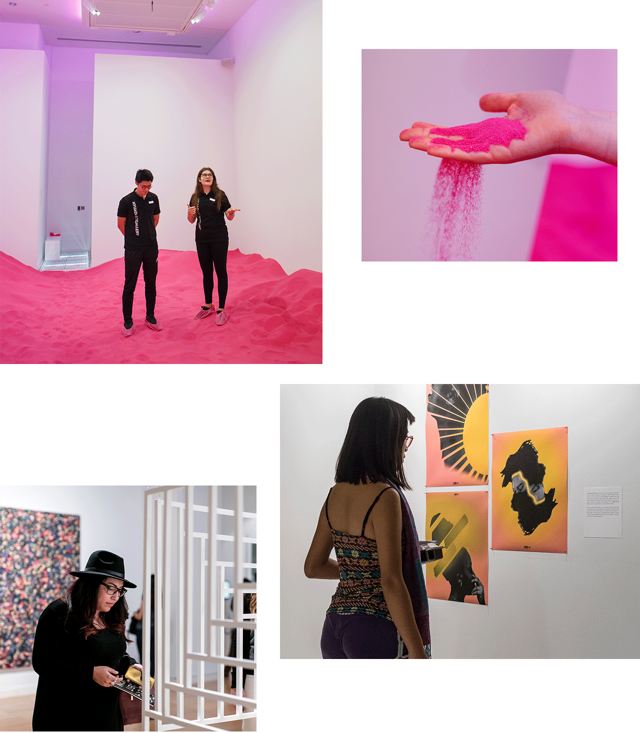 A collage of images from NYU galleries in Abu Dhabi (clockwise): 1) Two student workers showing off a gallery exhibit, they are standing in a room that is filled with pink sand. 2) A hand holding pink sand. 3) A student looking at an art installation. 4) A student with their back turned to the camera looking at artwork on the wall.