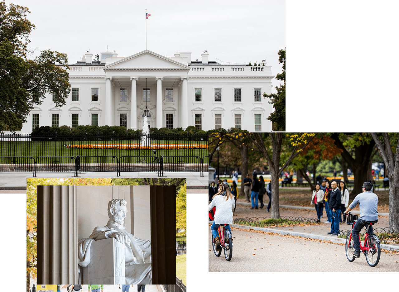 A collage of Washington, DC, (clockwise from top): the White House, two people riding bikes down the street, and the Lincoln Memorial.