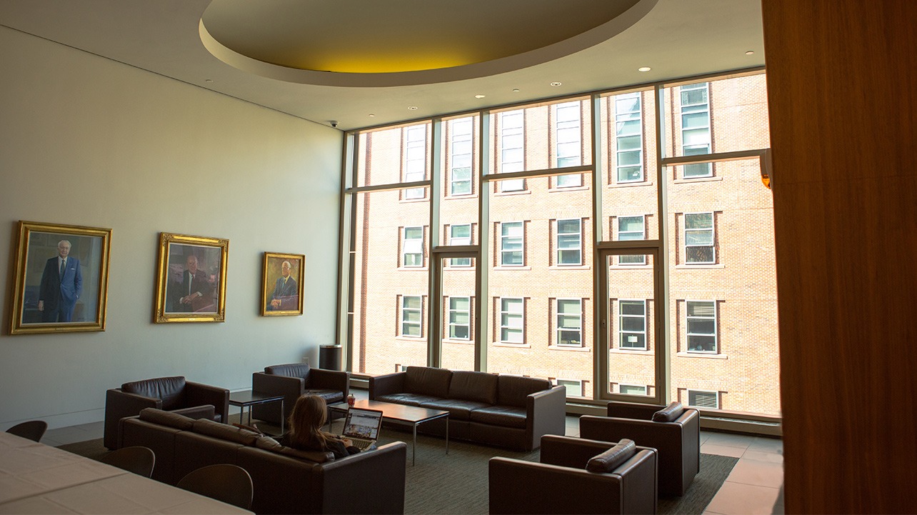 The 5th floor lounge at the Global Center with large light filled windows