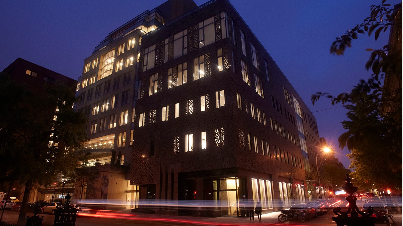 A night time exterior of the global center for academic and spiritual life