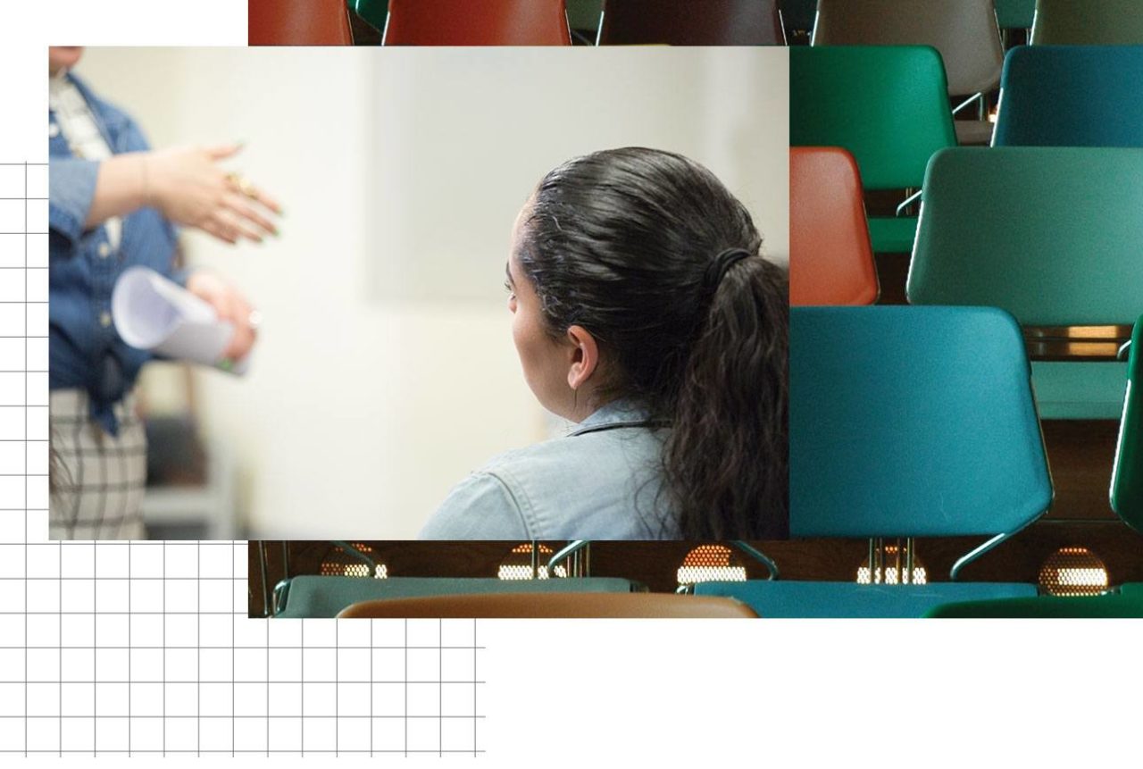 A collage: 1) A student listening to a teacher. 2) Rows of multicolored chairs.