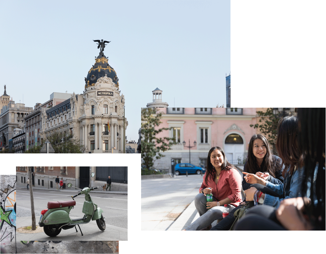 A collage of Madrid (clockwise from top): old architecture in Madrid, students hanging out outside, and a green vespa parked on the street.