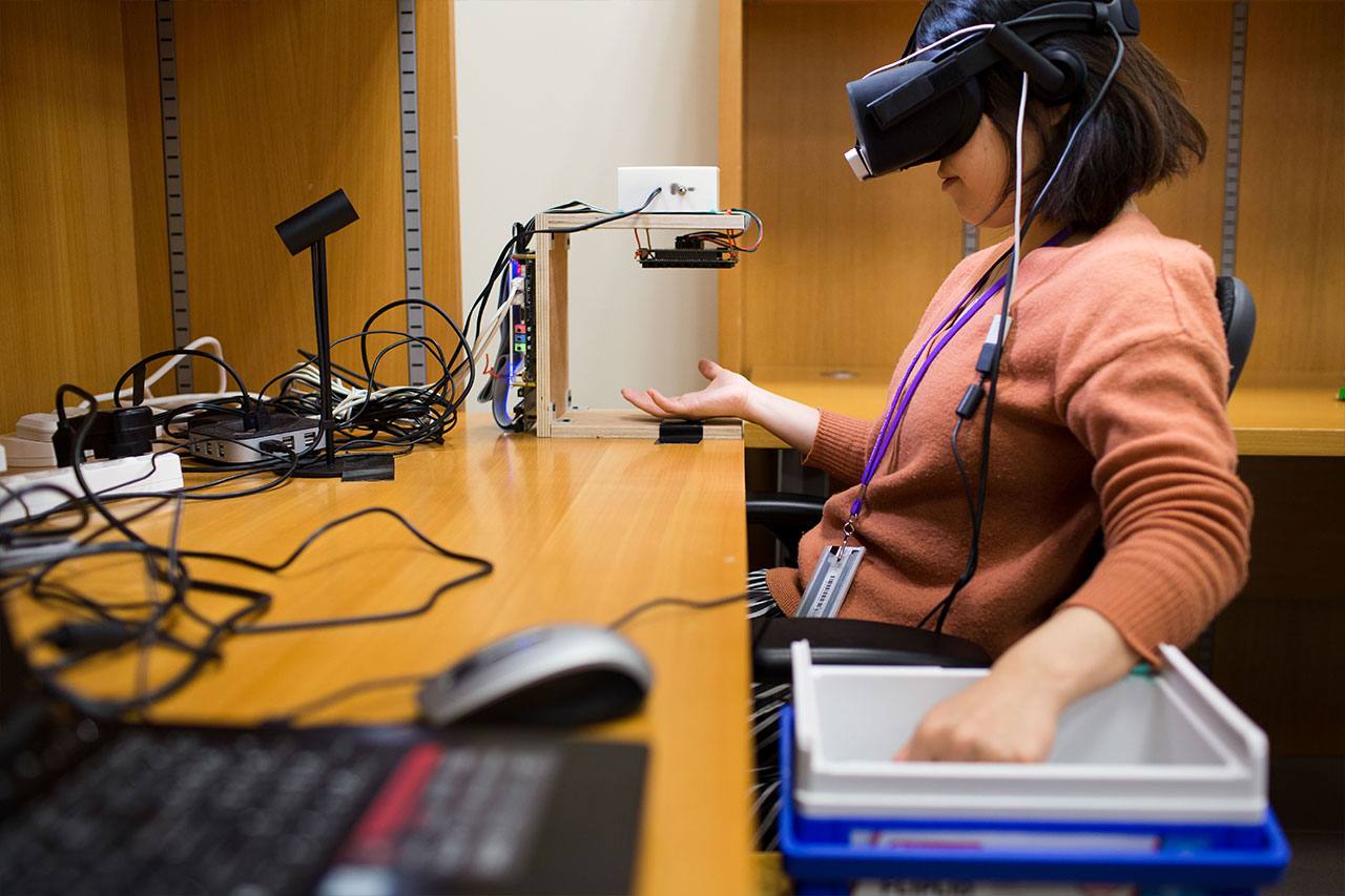 A student wearing a VR headset