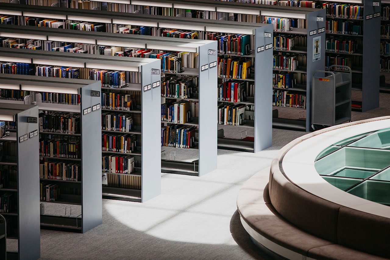 Bookstacks in the NYU Abu Dhabi library, a favorite NYU study spot.
