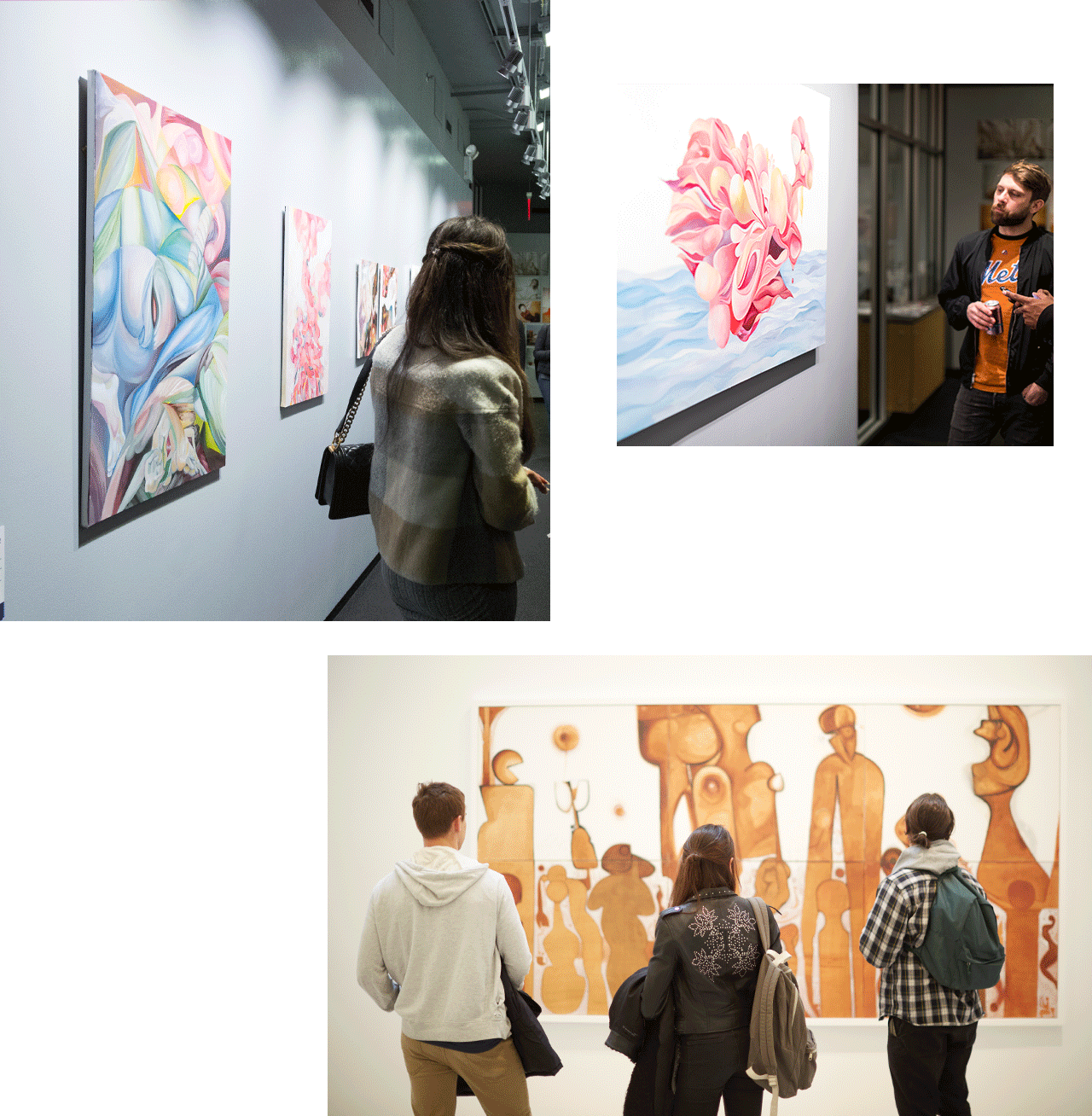 A collage of images from NYU gallery spaces in New York (clockwise): 1) Student work being presented on a wall, a student stands nearby with their back turned to the camera. 2) A student looking at work hanging on a wall. 3) Three students observing art work with their backs turned from the camera.