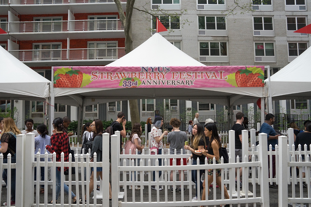 Students lining up in front of a tent for the Strawberry Festival, the sweetest NYU campus tradition.
