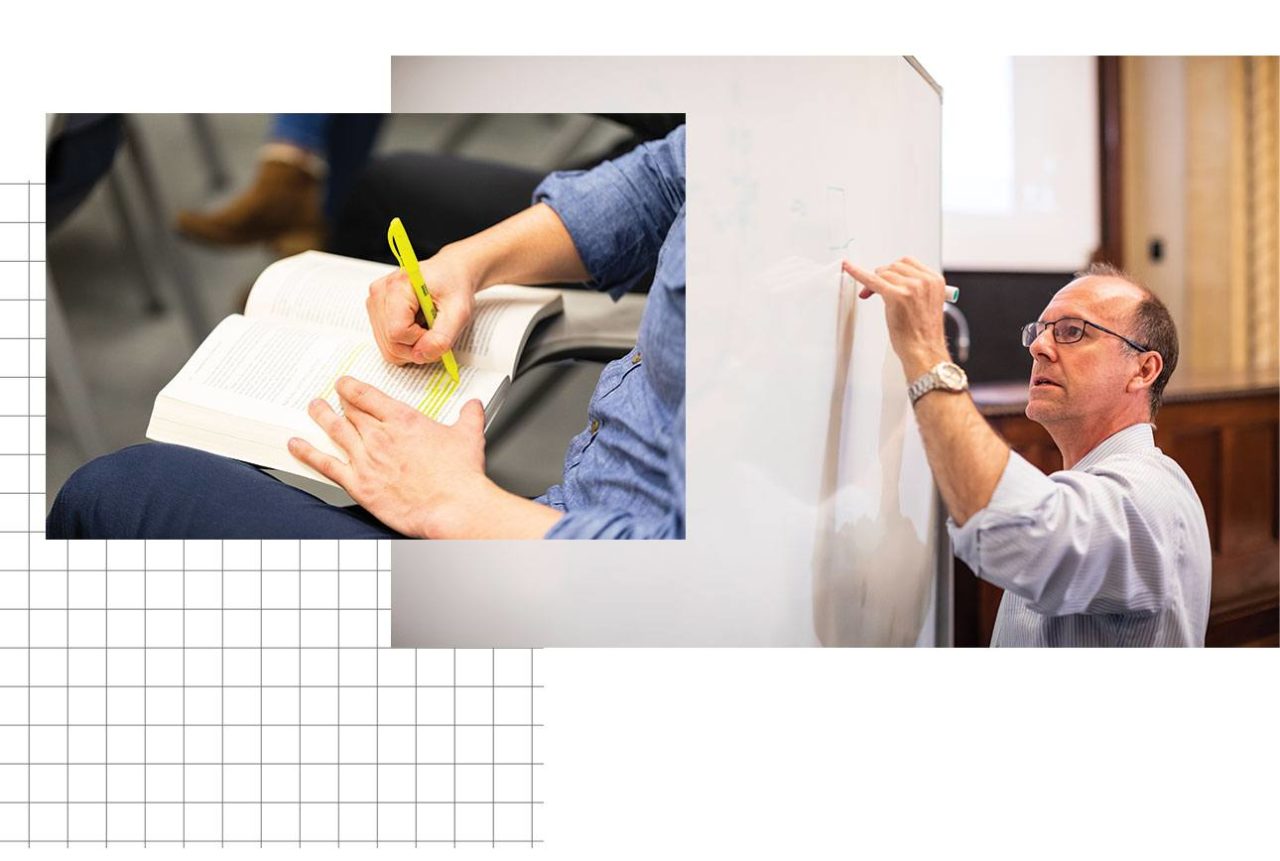 A collage: 1) Someone highlighting notes at a desk. 2) A teacher writing on a whiteboard.