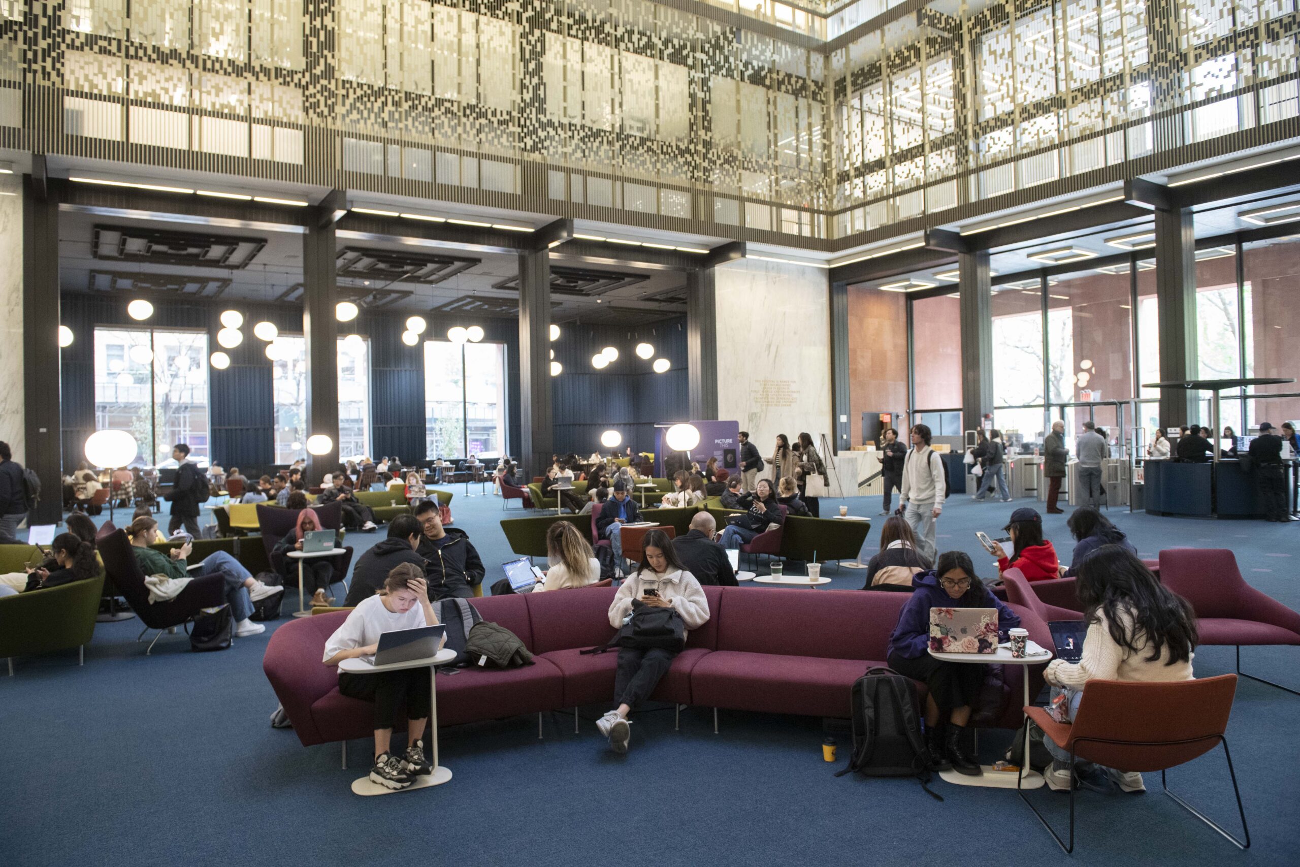 A view of the interior first floor of NYU's Bobst library