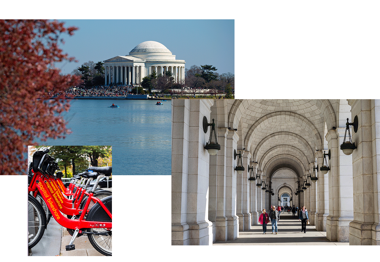 A collage (clockwise): 1. The Jefferson Memorial seen from across a lake 2. A long columned hallway with people walking in it. 3. A rack of bikes.