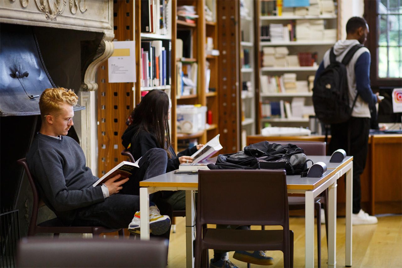 Students studying in school library.