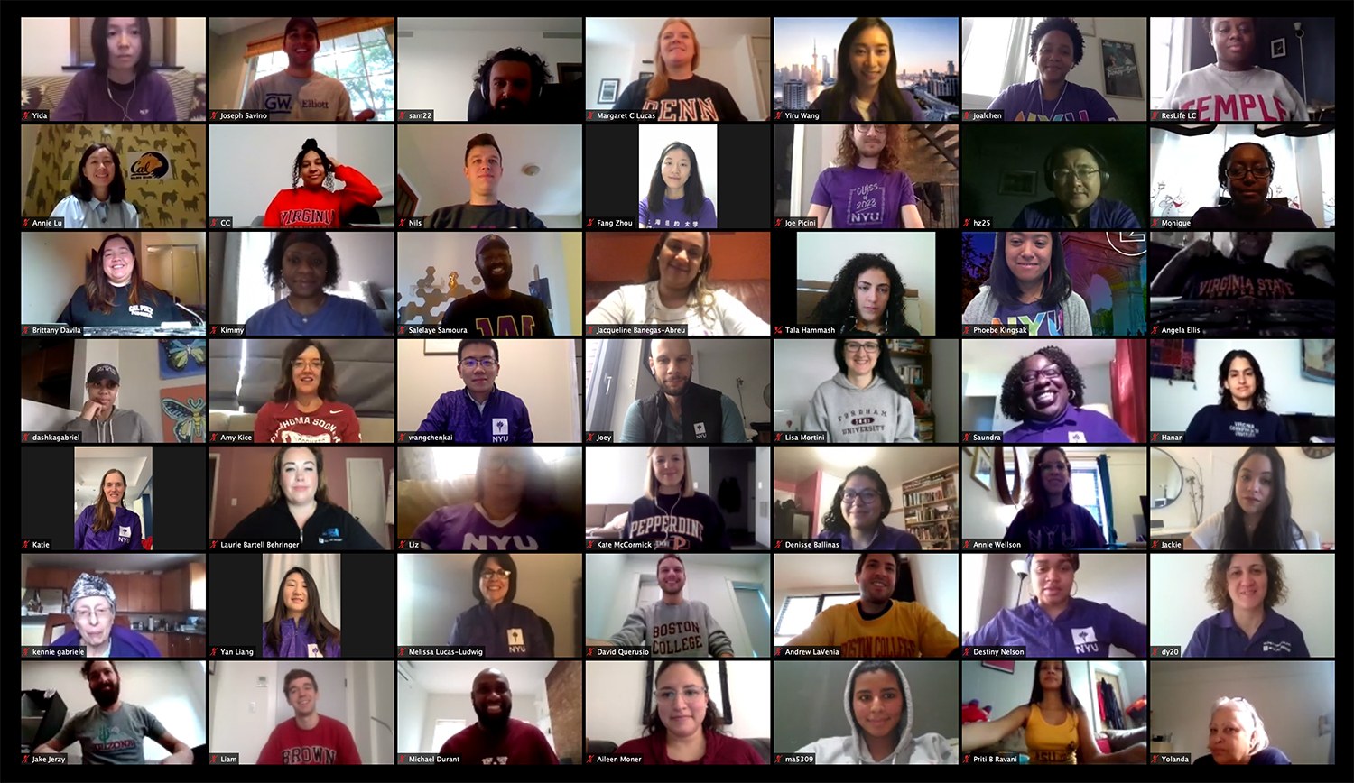 Photo of Zoom meeting with NYU Admissions staff wearing college t- shirts