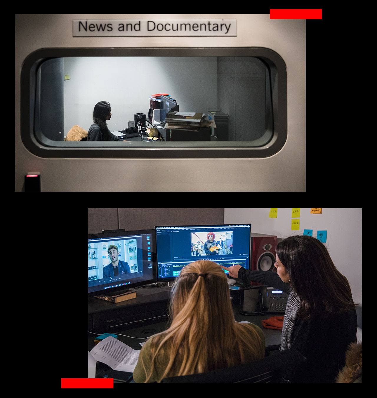 A collage: 1. A women working at a desk with recording equipment; 2. Two journalism students working on computer monitors.