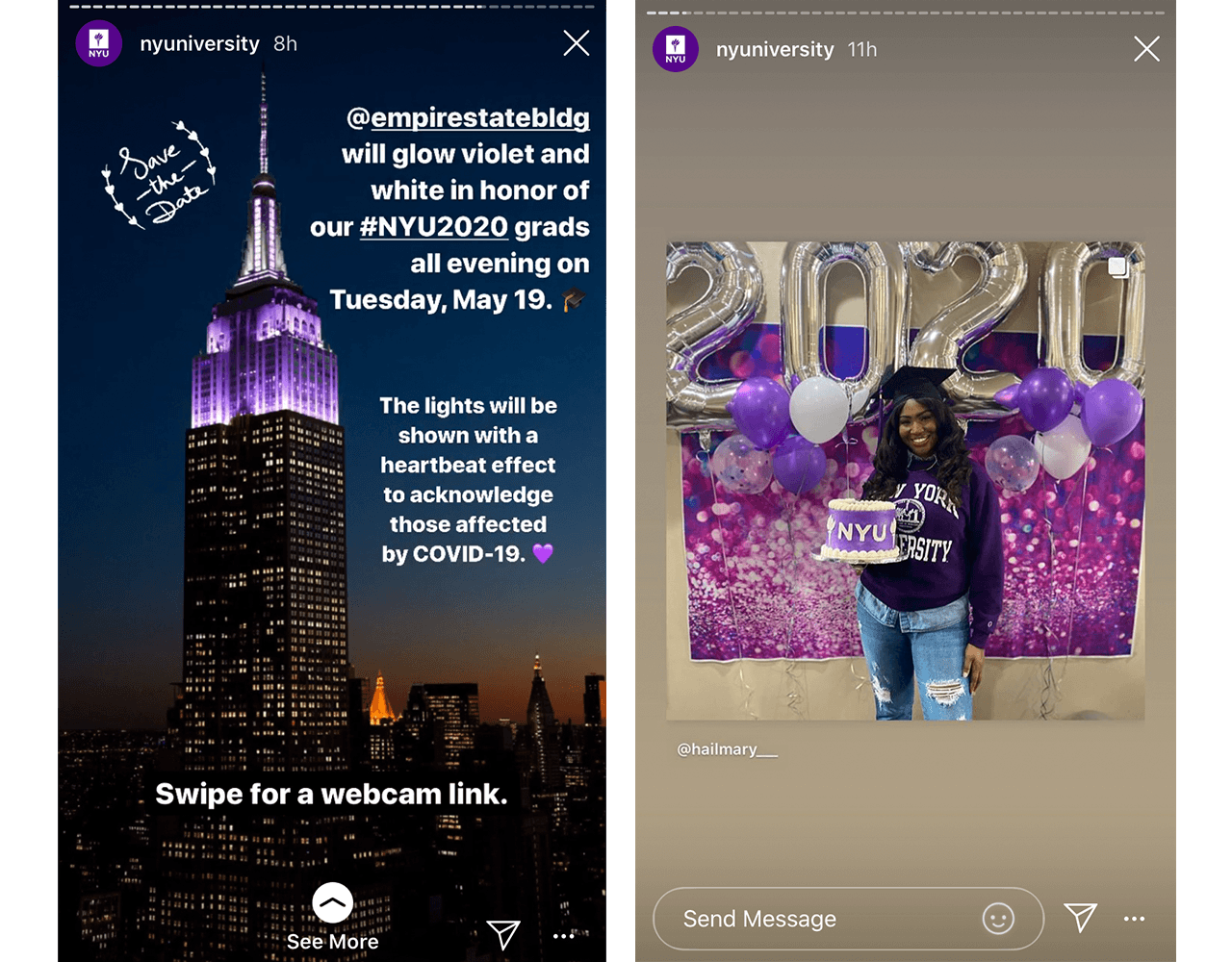 Right: an announcement of the lighting of the Empire State Building in purple in celebration of graduation. Left: a student holding a cake and wearing their graduation cap.