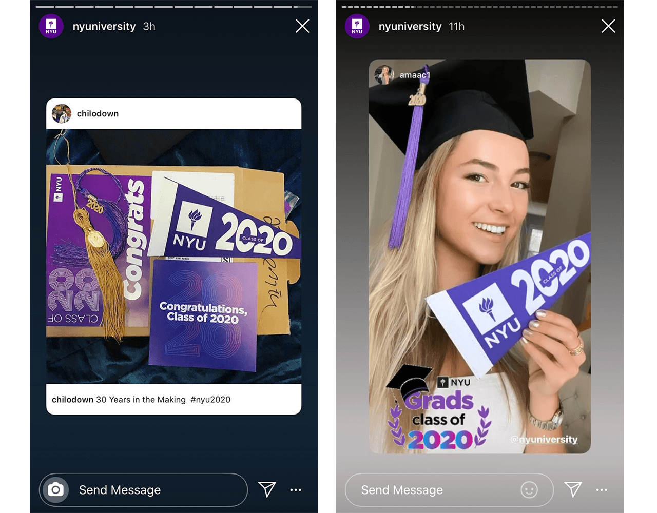 Right: printed material sent to students to celebrate graduation. Left: a student wearing their graduation cap and holding up an NYU flag.
