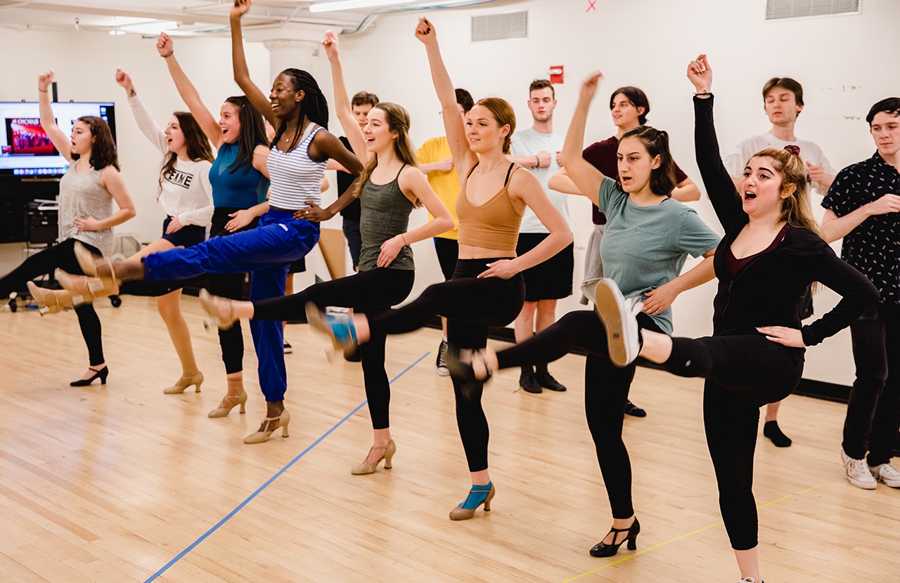 NYU musical theatre students dancing at “A Chorus Line” practice.