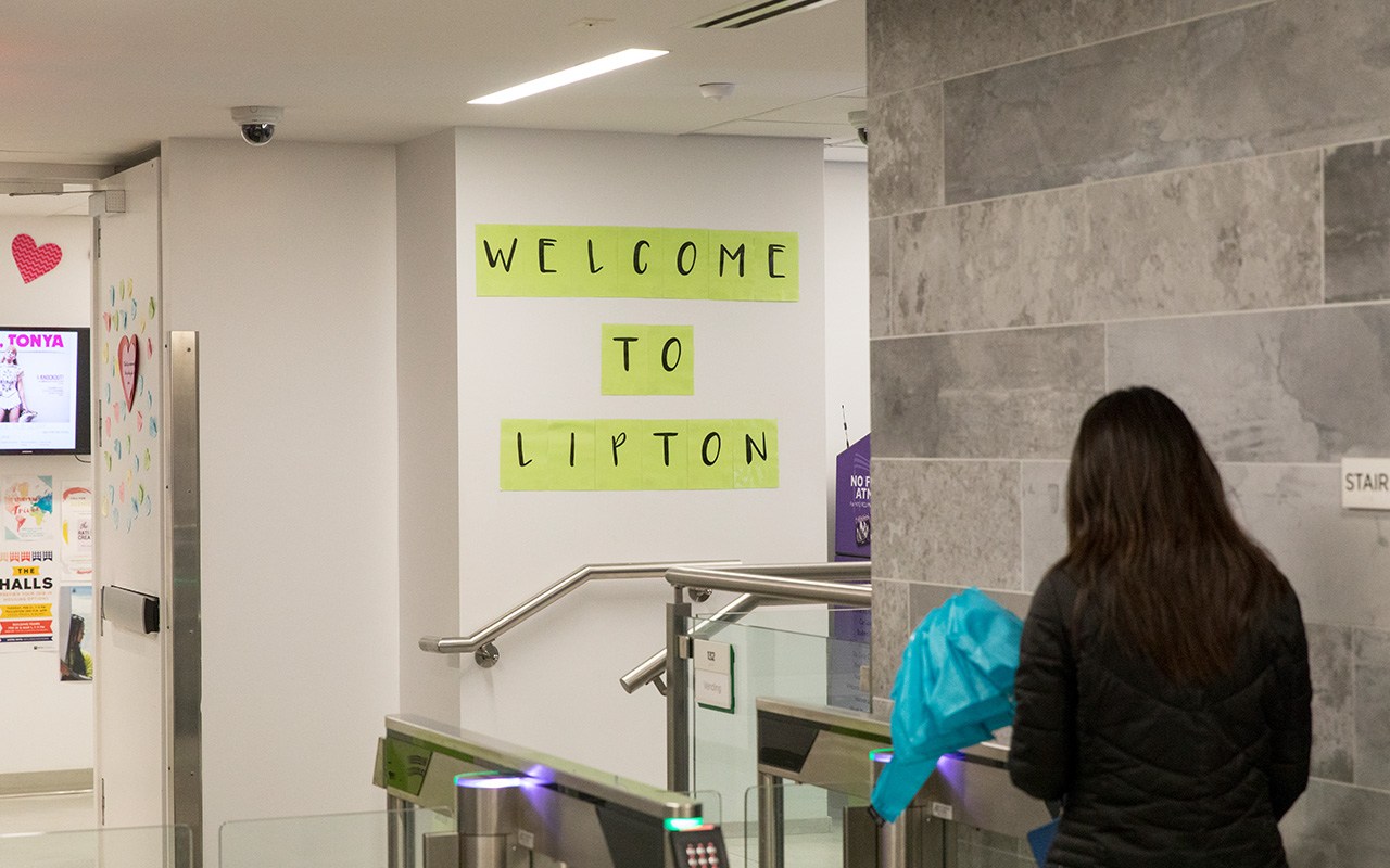 Entrance of Lipton Hall with a sign that says 